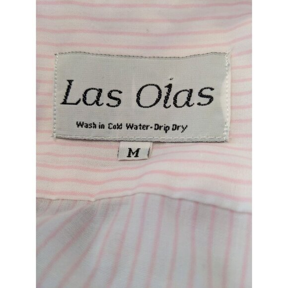 Las Olas Womens Button Up Shirt Size Med Long Sleeve Pink Striped Embroidered - Picture 9 of 11
